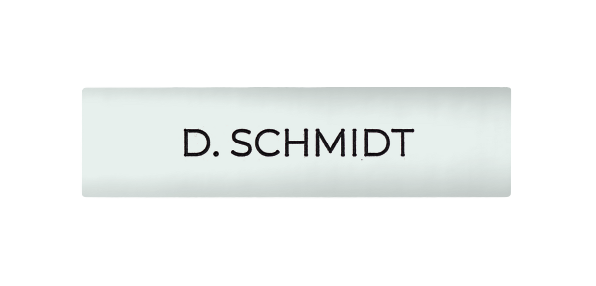 Traffic white DoorBird nameplate with engraved text "D. SCHMIDT" for call button