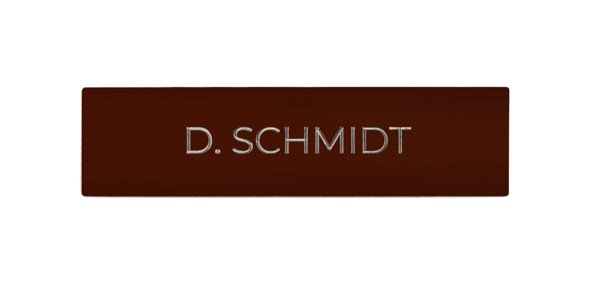 DoorBird nameplate with individual engraving, dark face, “D. SCHMIDT” text