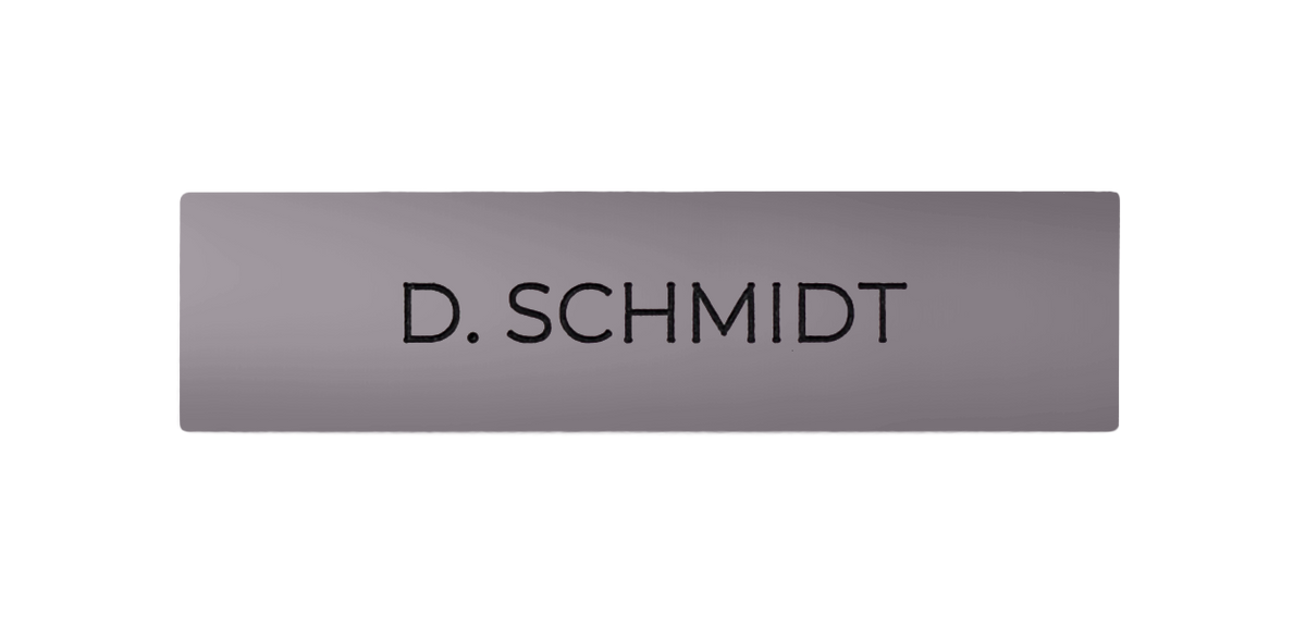 Pastel violet engraved nameplate for DoorBird call button, "D. SCHMIDT"