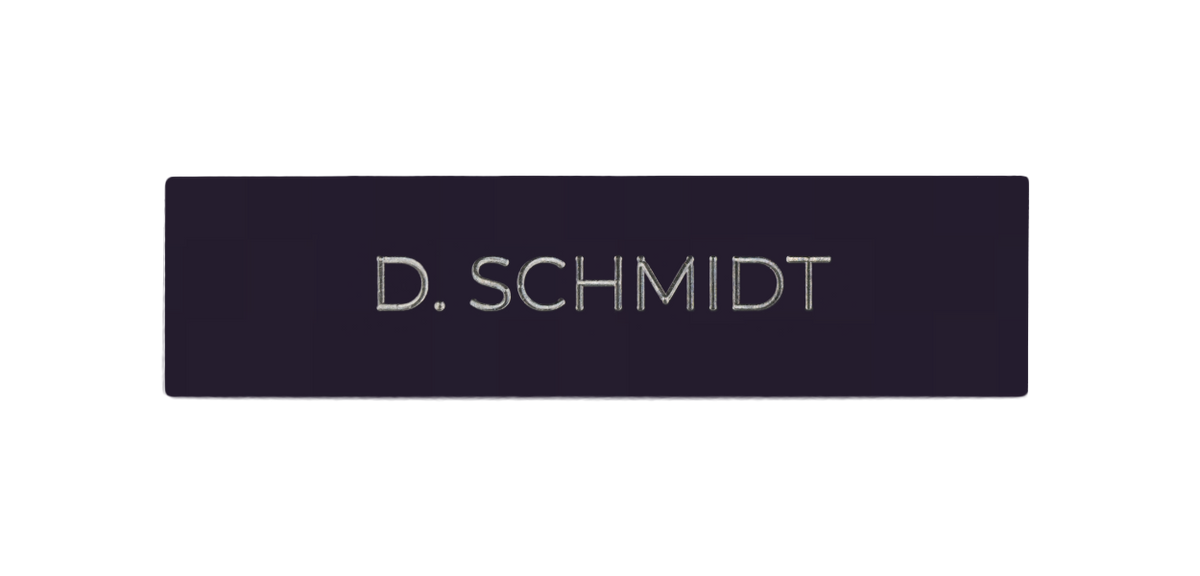 DoorBird nameplate with "D. SCHMIDT" engraving on dark blue plaque