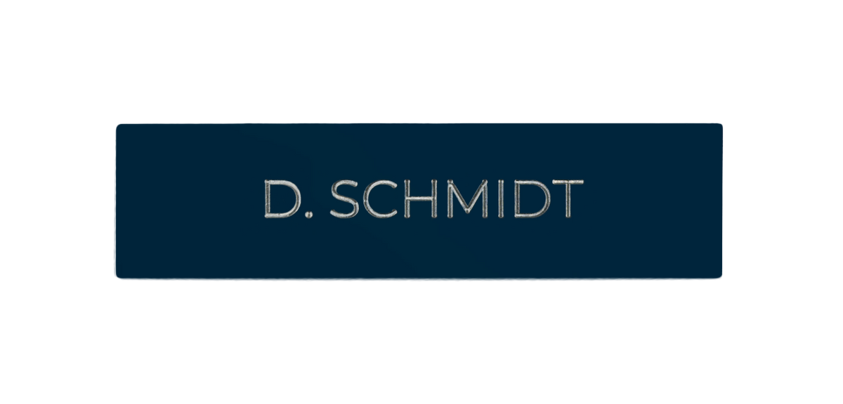 Cobalt blue doorbell nameplate with engraved 'D. SCHMIDT'