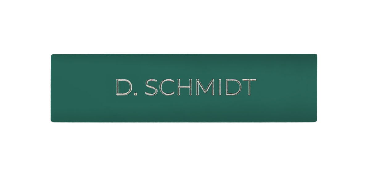 Patina green engraved nameplate with text D. SCHMIDT