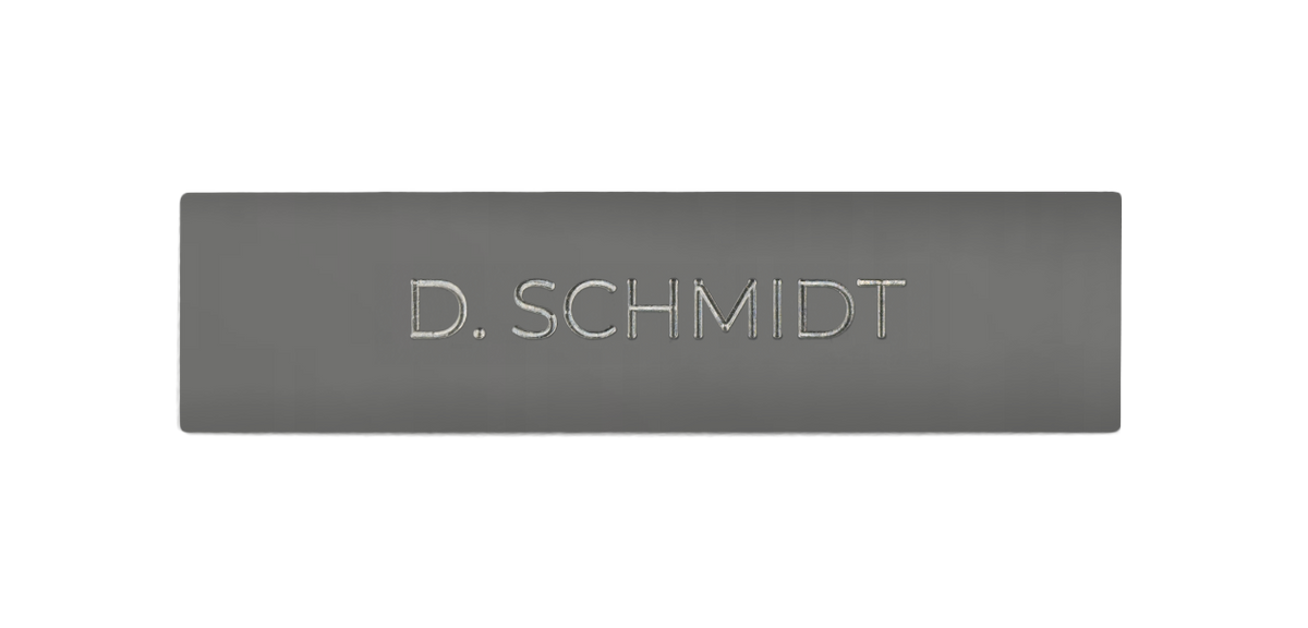 Grey aluminium door nameplate with individual engraved text, D. SCHMIDT