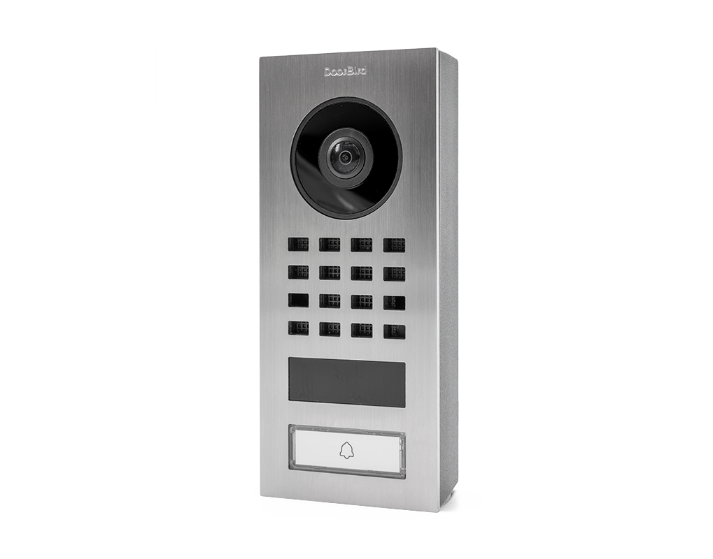 Stainless steel surface-mount video door intercom with camera, keypad, and call button
