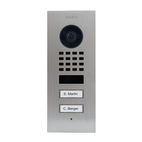 DoorBird flush-mount video door station, brushed stainless steel, camera and 2 call buttons