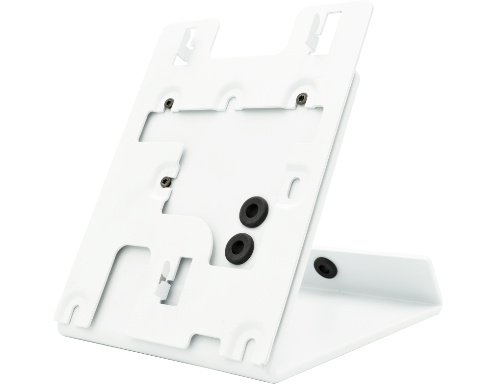 DoorBird white table stand bracket for IP indoor video station, angled cradle design