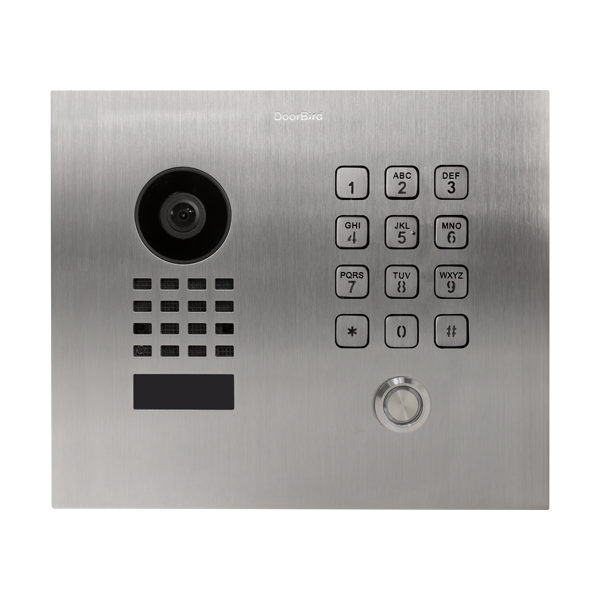 DoorBird flush-mount IP video door station in brushed stainless steel with camera and keypad