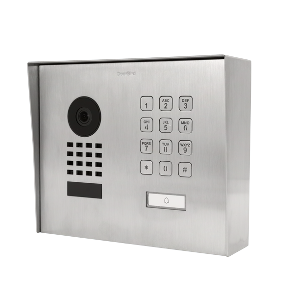 Stainless steel video door station with camera lens, keypad and call button