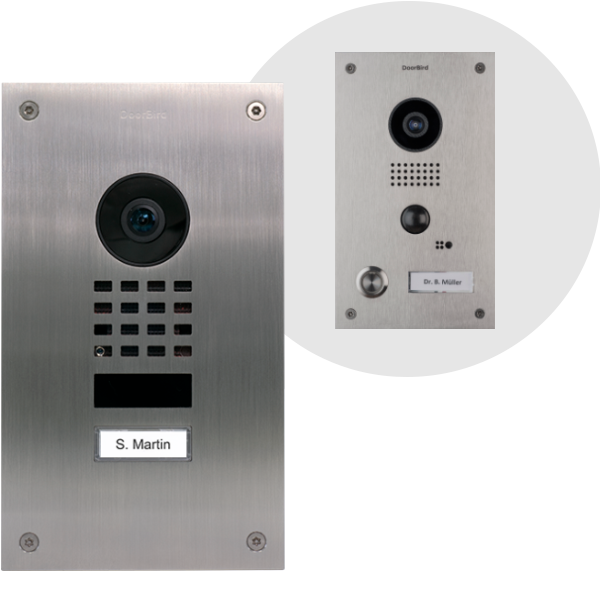 Stainless steel video door station with door camera, keypad, and nameplate
