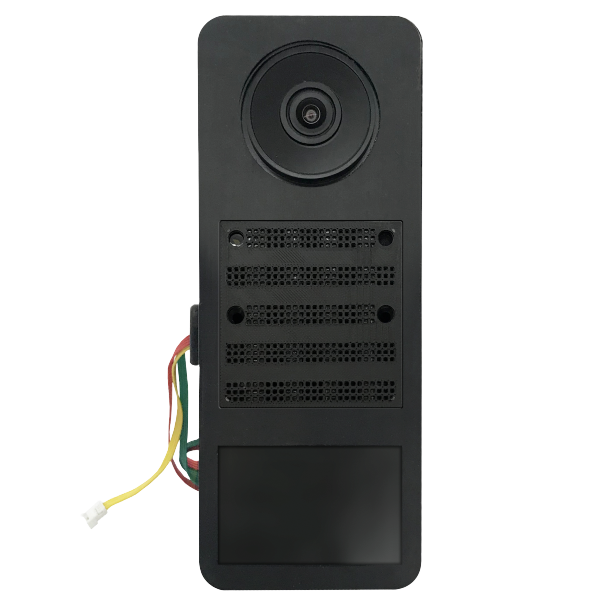 DoorBird D2100E IP video door station, black front with camera lens and visible cable leads