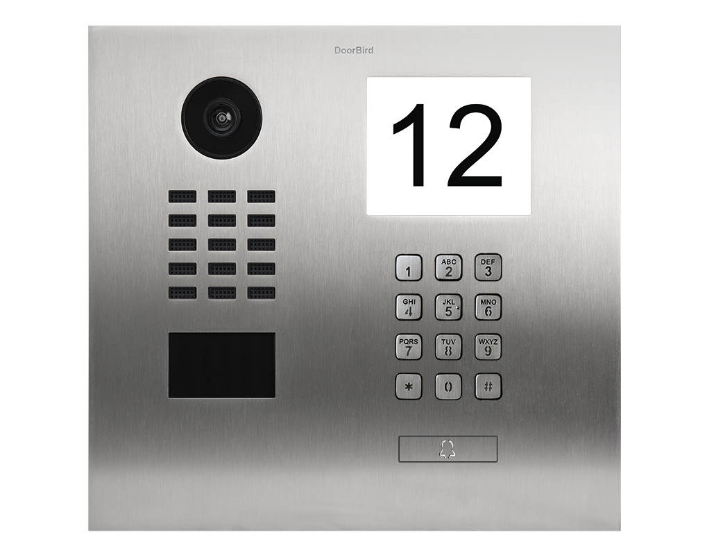Stainless steel DoorBird video door station with camera lens, keypad, and call button