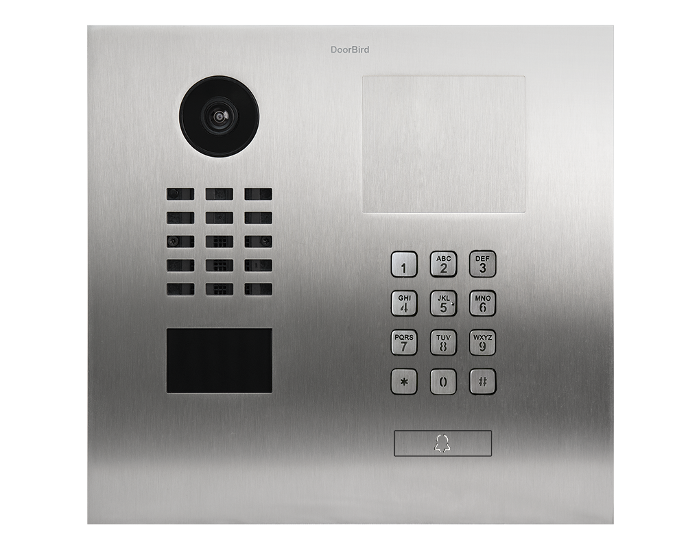 DoorBird video door station in brushed stainless steel with camera lens and keypad