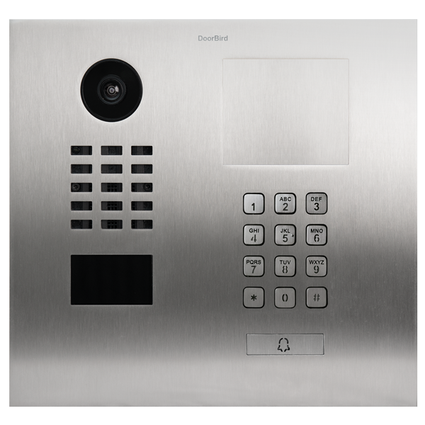 DoorBird stainless steel IP video door station with camera lens, keypad and call button