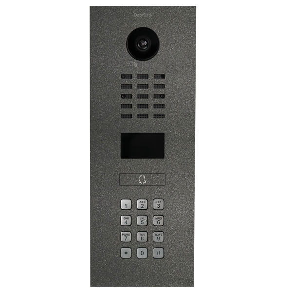 DoorBird IP video intercom with camera lens, speaker grille, numeric keypad on steel panel
