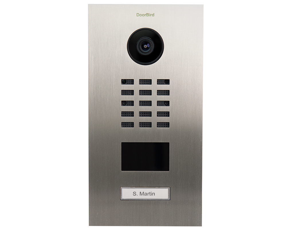 Stainless steel IP video door station with camera, keypad, and call button.