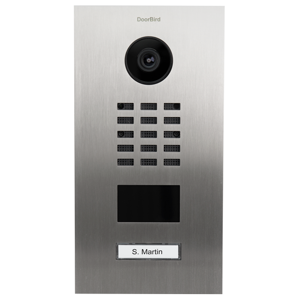 Stainless steel video door station with round camera, keypad grid, and name label