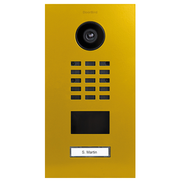 DoorBird IP video door station in signal yellow, with camera lens and call keypad