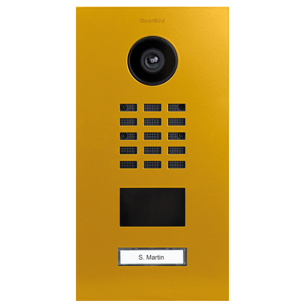 DoorBird IP video door station in golden yellow with camera and call button panel