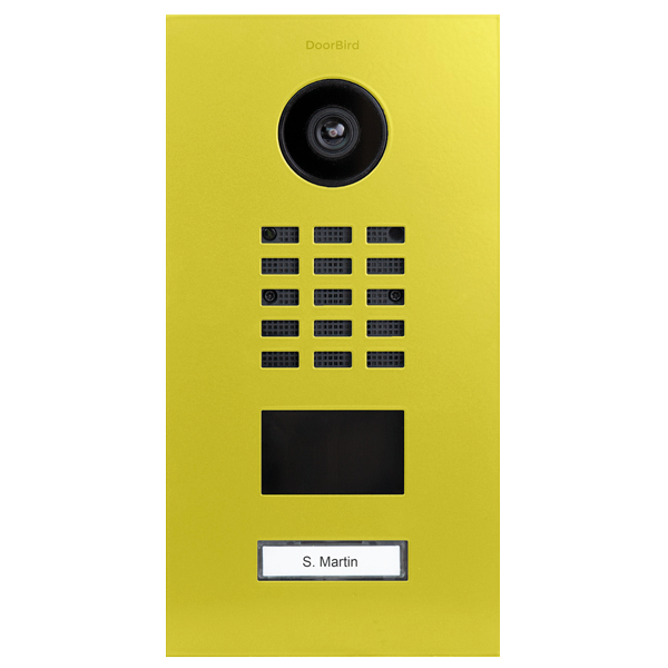 DoorBird IP video door station in sulfur yellow with camera lens and call keypad