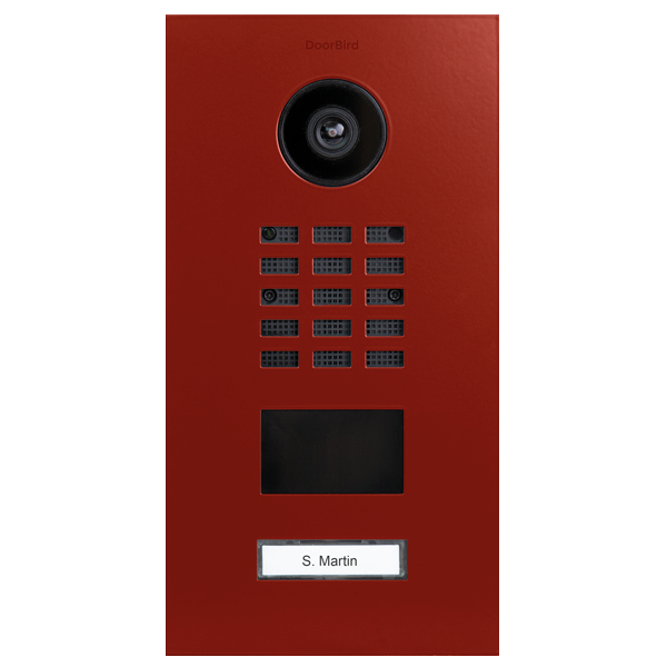 DoorBird D2101V vermilion video door station with camera lens, keypad, and doorbell label