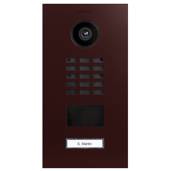 DoorBird IP video door station in dark red with camera, keypad and call button