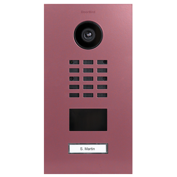 DoorBird antique pink IP video door station with camera lens and keypad call buttons