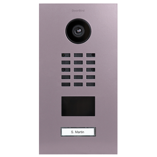 Pastel violet DoorBird video door station with camera, keypad, screen, and nameplate