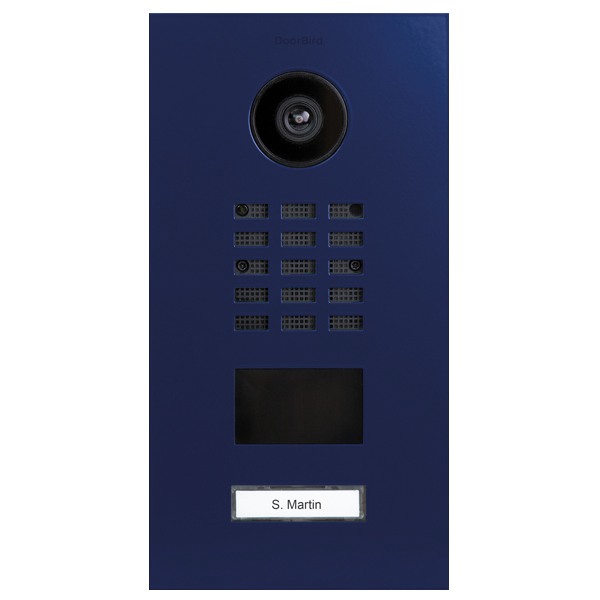Ultramarine blue video door station with camera lens, keypad, and name plate