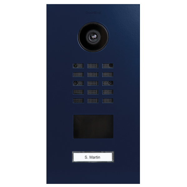Cobalt blue DoorBird IP video door station with camera lens, keypad buttons, display