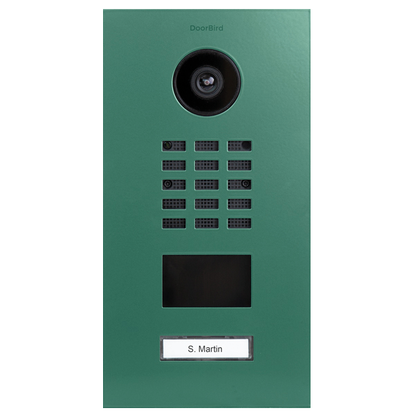 DoorBird IP video door station in patina green with camera lens, call buttons, nameplate