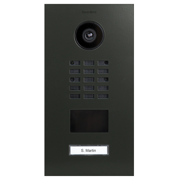DoorBird IP video door station in grey-olive metal, with camera, keypad and name plate
