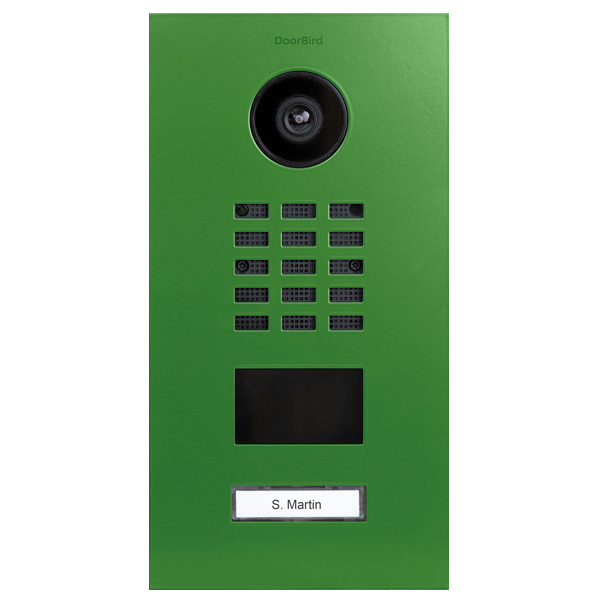 DoorBird IP video door station in green with camera lens, button grid, and name label