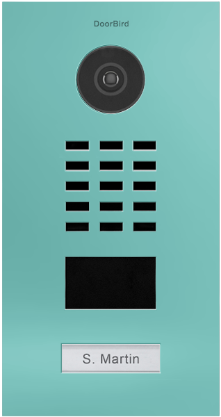 DoorBird light green IP video door station with circular call button, keypad, and nameplate