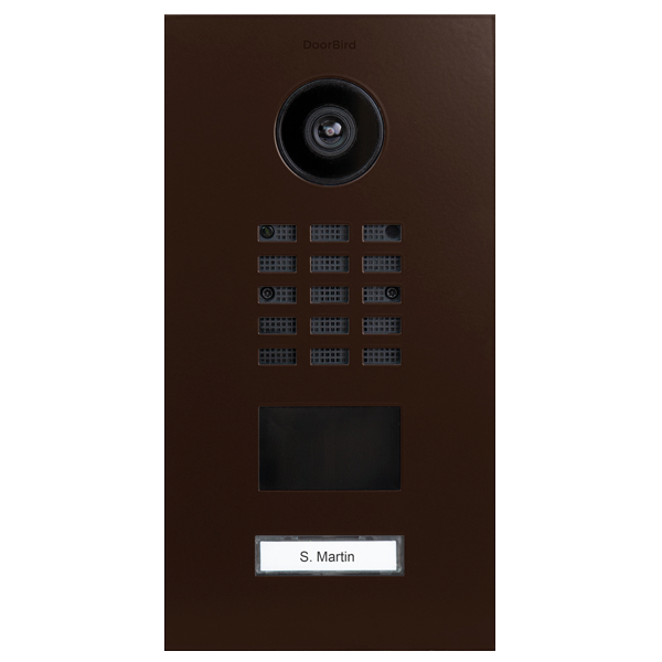 DoorBird IP video door station, mahogany brown front with camera, keypad, nameplate