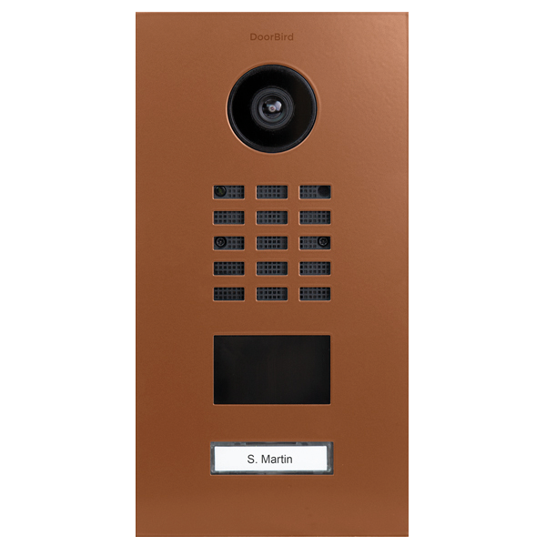 DoorBird IP video door station in orange-brown with camera, keypad, nameplate