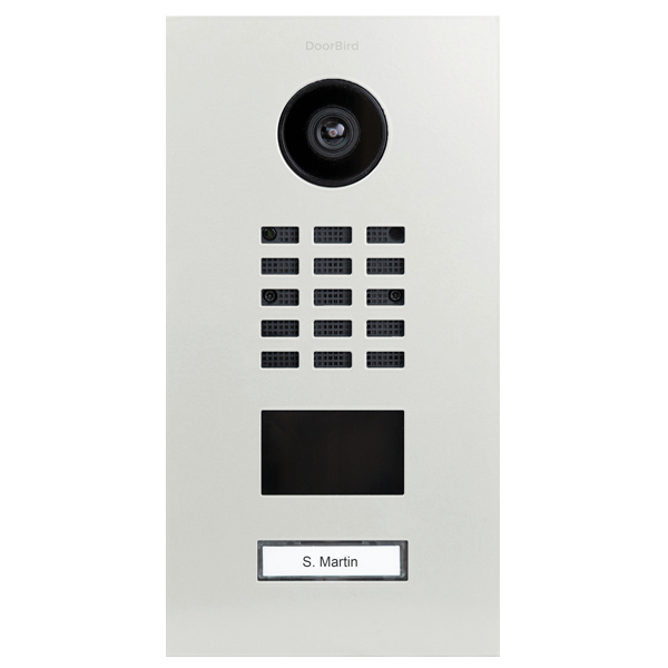 DoorBird IP video door station, traffic white panel with camera lens, keypad, call button