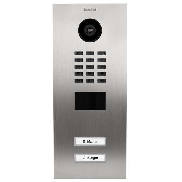 Stainless steel IP video door station with camera lens, keypad, and two name labels