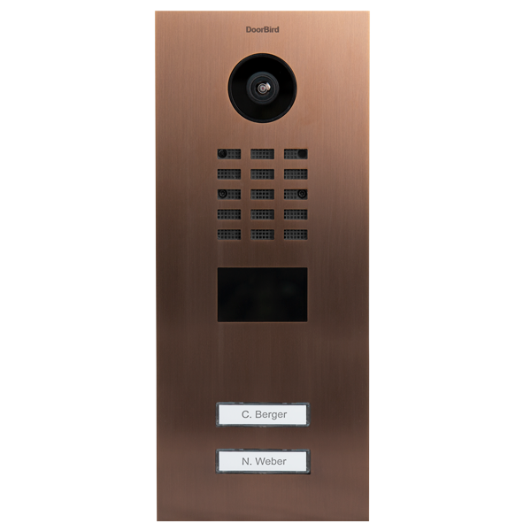 Bronze DoorBird video door station with camera, keypad, and two call buttons