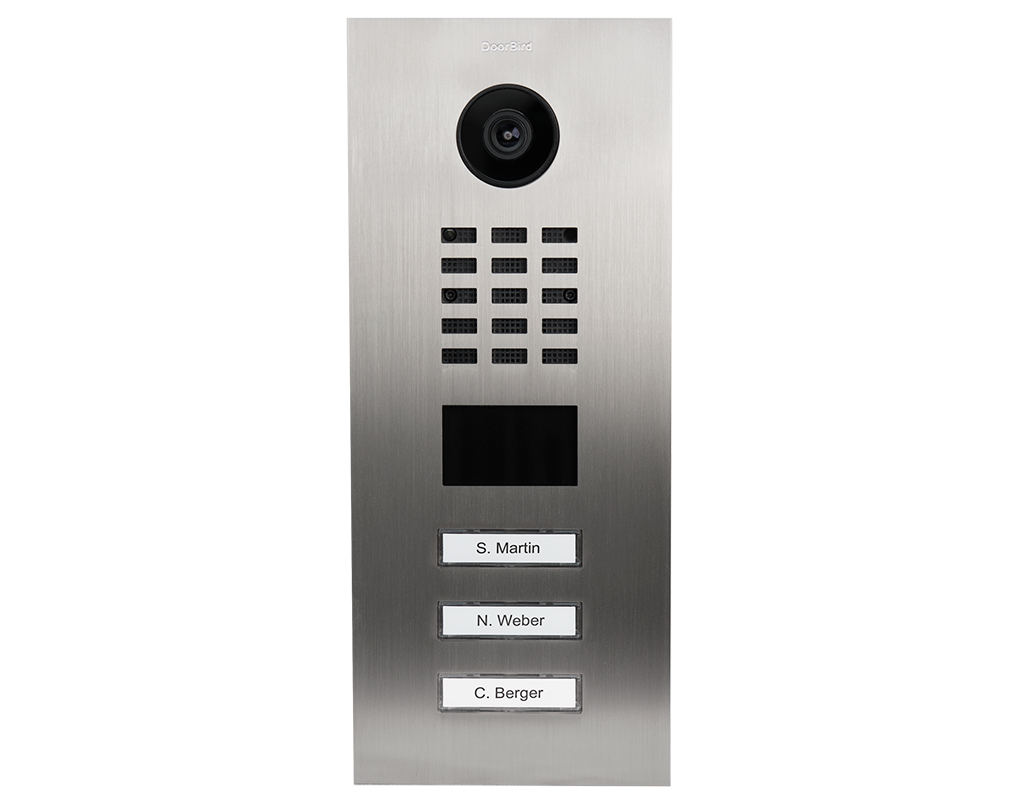 DoorBird IP video door station in brushed stainless steel with camera and 3 call buttons