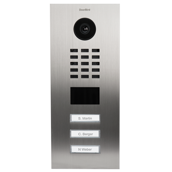 DoorBird stainless steel IP video door station with camera lens and 3x call button panel