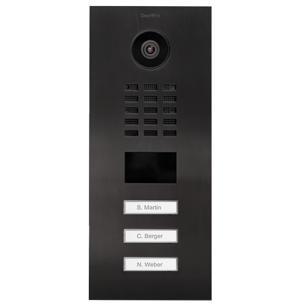 DoorBird IP video door station with camera, grille, and three call buttons