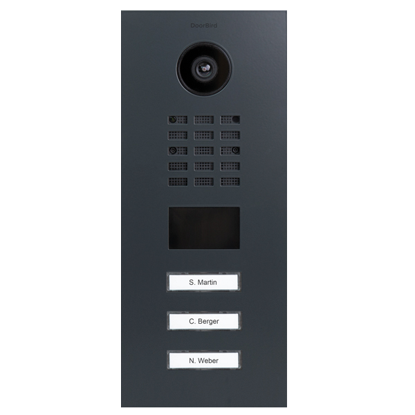 Anthracite grey IP video door station with camera, keypad, and name plates for 3 calls