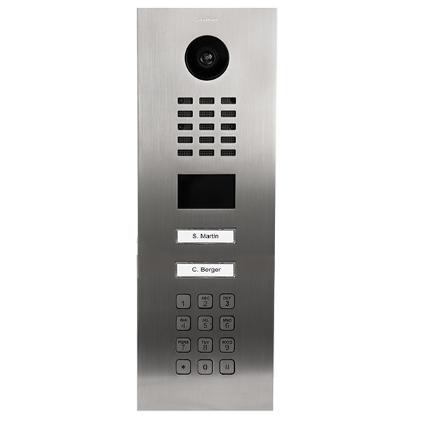 Stainless steel IP video door station with camera, keypad, and two call labels