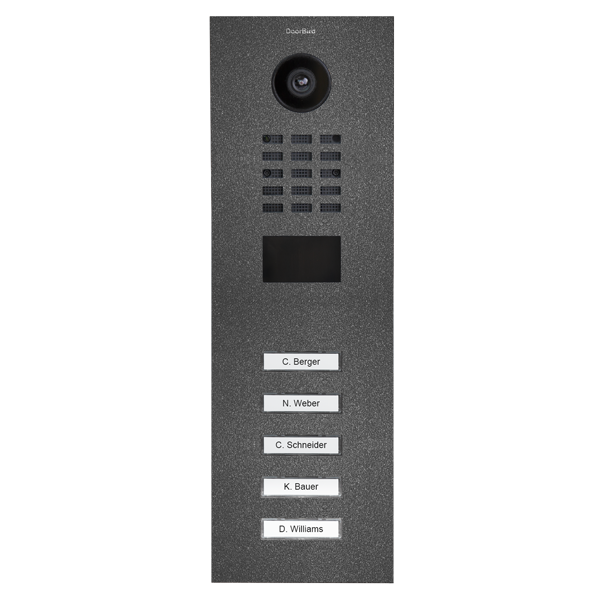 Stainless steel IP video door station with camera, speaker grille, and five call buttons