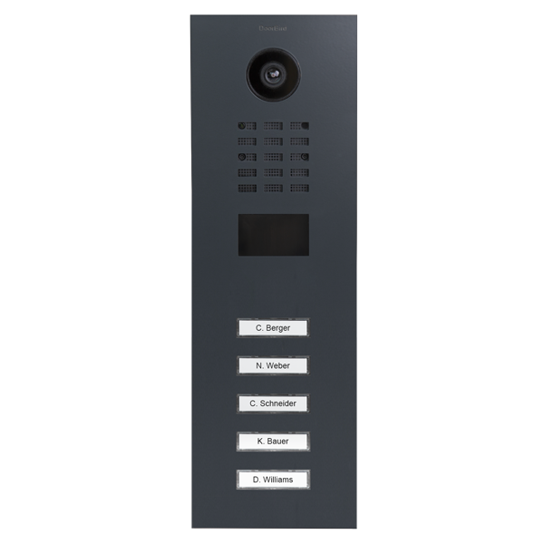 DoorBird video door station in anthracite grey with camera and five call buttons