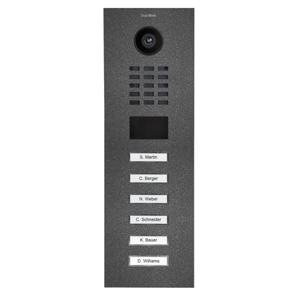 DoorBird D2106V video door station, camera and six call buttons on DB 703 steel panel