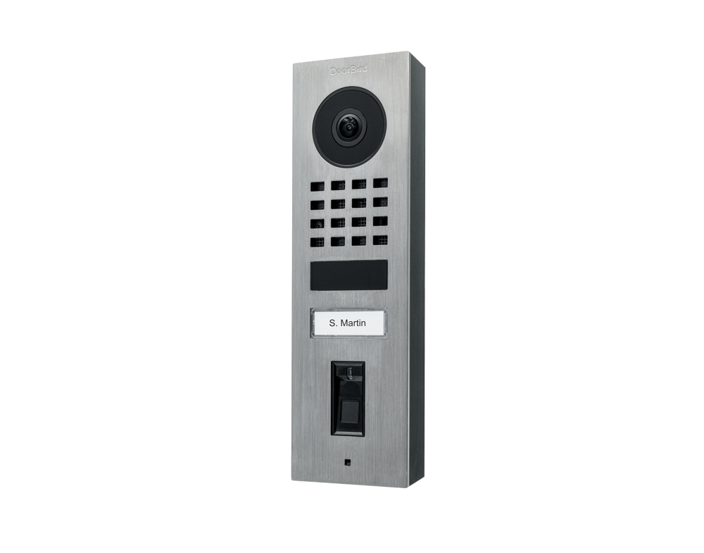 Stainless steel video door station with camera lens, keypad, and name plate