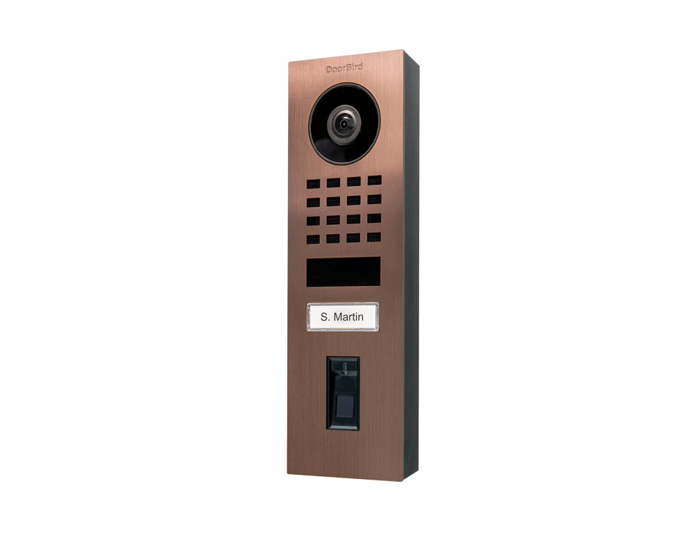 Bronze IP video door station with camera, keypad, and name label