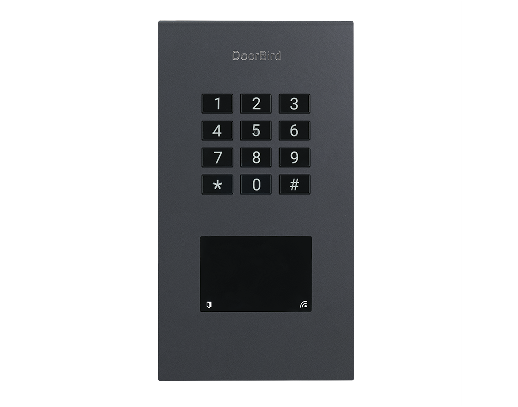 DoorBird A1121 flush-mount access control keypad in anthracite grey with number buttons
