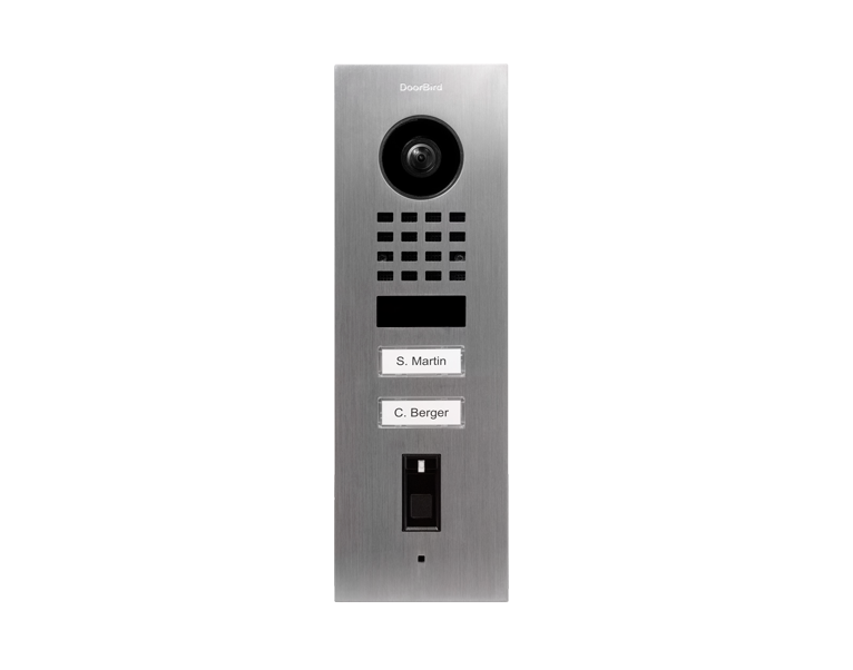 Stainless steel flush-mount video door station with camera lens and two call buttons